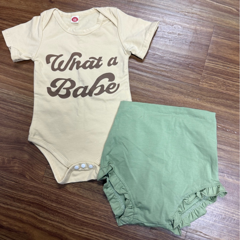 Baby Girl Cream "What a Babe" Tee with Sage Green Ruffle Bloomers- NWOT